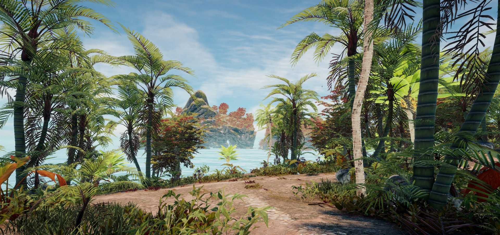 Tropikalna laguna ze skalnym łukiem widziana spośród palm